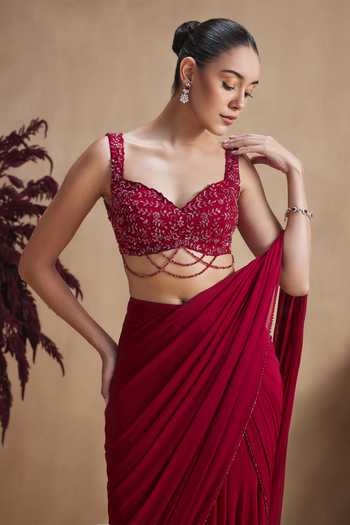 Shop Niamh By Kriti Red Georgette Sweetheart Neck Crimson Radiance Draped Saree Set Online at Aza Fashions Shop_Niamh By Kriti_Red Georgette Sweetheart Neck Crimson Radiance Draped Saree Set _Online_at_Aza_Fashions