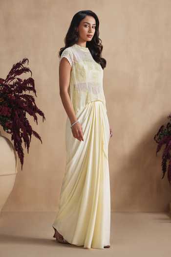Niamh By Kriti Yellow Organza, Georgette, Shantoon High Neck Buttercup Pearl Draped Skirt Set Online at Aza Fashions Niamh By Kriti_Yellow Organza, Georgette, Shantoon High Neck Buttercup Pearl Draped Skirt Set _Online_at_Aza_Fashions