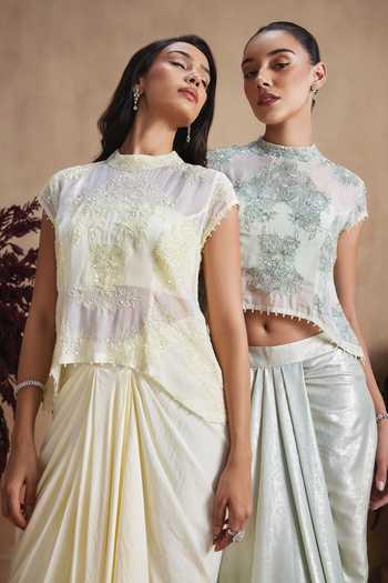Buy Niamh By Kriti Yellow Organza, Georgette, Shantoon High Neck Buttercup Pearl Draped Skirt Set Online at Aza Fashions Buy_Niamh By Kriti_Yellow Organza, Georgette, Shantoon High Neck Buttercup Pearl Draped Skirt Set _Online_at_Aza_Fashions