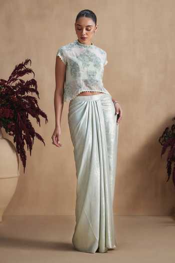 Niamh By Kriti Sage Pearl Work Top & Draped Skirt Set