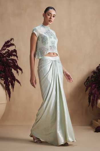 Niamh By Kriti_Green Silk, Crepe, Net, Shantoon High Sage Pearl Work Top And Draped Skirt Set _Online_at_Aza_Fashions