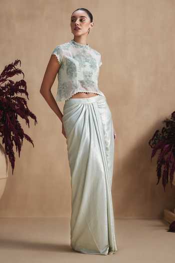 Shop_Niamh By Kriti_Green Silk, Crepe, Net, Shantoon High Sage Pearl Work Top And Draped Skirt Set _Online_at_Aza_Fashions