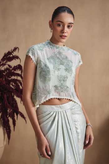 Niamh By Kriti_Green Silk, Crepe, Net, Shantoon High Sage Pearl Work Top And Draped Skirt Set _at_Aza_Fashions