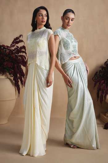 Buy_Niamh By Kriti_Green Silk, Crepe, Net, Shantoon High Sage Pearl Work Top And Draped Skirt Set 