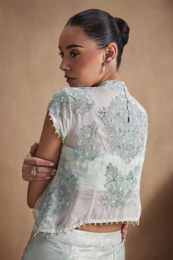 Shop_Niamh By Kriti_Green Silk, Crepe, Net, Shantoon High Sage Pearl Work Top And Draped Skirt Set 