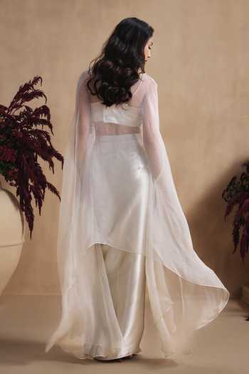 Niamh By Kriti Ivory Pearl Embroidered Cape Draped Skirt Set