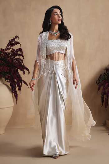 Niamh By Kriti Ivory Pearl Embroidered Cape Draped Skirt Set