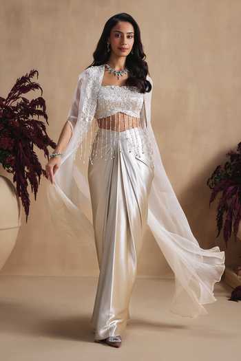 Niamh By Kriti_Ivory Silk, Organza, Satin, Shantoon Sequins, Embroidered Cape Draped Skirt Set _Online_at_Aza_Fashions
