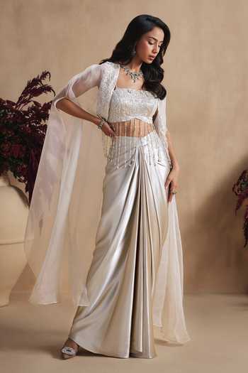 Buy_Niamh By Kriti_Ivory Silk, Organza, Satin, Shantoon Sequins, Embroidered Cape Draped Skirt Set _Online_at_Aza_Fashions