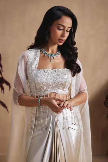 Shop_Niamh By Kriti_Ivory Silk, Organza, Satin, Shantoon Sequins, Embroidered Cape Draped Skirt Set _Online_at_Aza_Fashions