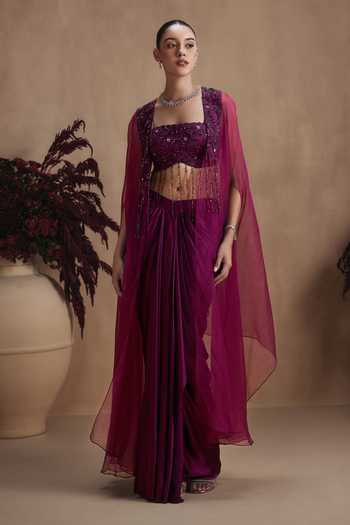 Buy Niamh By Kriti Wine Silk, Organza, Satin Square Neck Mulberry Twilight Draped Skirt Set Online at Aza Fashions Buy_Niamh By Kriti_Wine Silk, Organza, Satin Square Neck Mulberry Twilight Draped Skirt Set _Online_at_Aza_Fashions