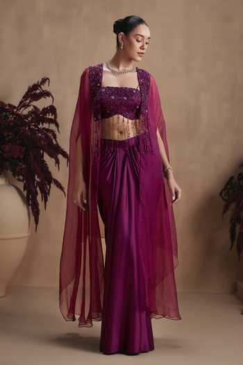 Shop Niamh By Kriti Wine Silk, Organza, Satin Square Neck Mulberry Twilight Draped Skirt Set Online at Aza Fashions Shop_Niamh By Kriti_Wine Silk, Organza, Satin Square Neck Mulberry Twilight Draped Skirt Set _Online_at_Aza_Fashions