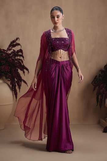 Niamh By Kriti Wine Silk, Organza, Satin Square Neck Mulberry Twilight Draped Skirt Set at Aza Fashions Niamh By Kriti_Wine Silk, Organza, Satin Square Neck Mulberry Twilight Draped Skirt Set _at_Aza_Fashions