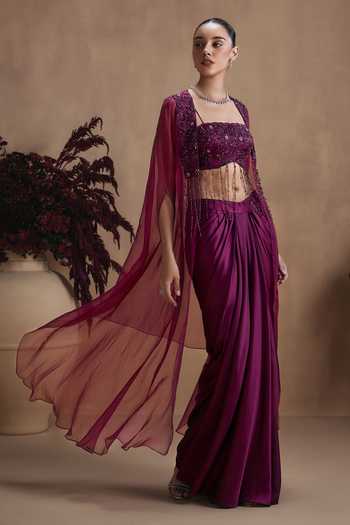 Buy Niamh By Kriti Wine Silk, Organza, Satin Square Neck Mulberry Twilight Draped Skirt Set Buy_Niamh By Kriti_Wine Silk, Organza, Satin Square Neck Mulberry Twilight Draped Skirt Set