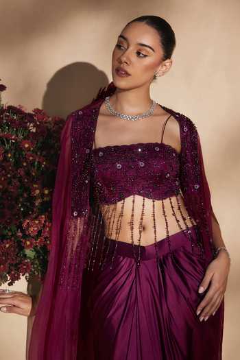 Shop Niamh By Kriti Wine Silk, Organza, Satin Square Neck Mulberry Twilight Draped Skirt Set Shop_Niamh By Kriti_Wine Silk, Organza, Satin Square Neck Mulberry Twilight Draped Skirt Set