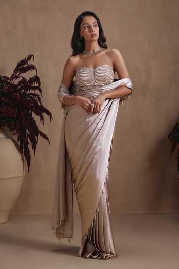 Niamh By Kriti Champagne Cascade Draped Saree With Corset
