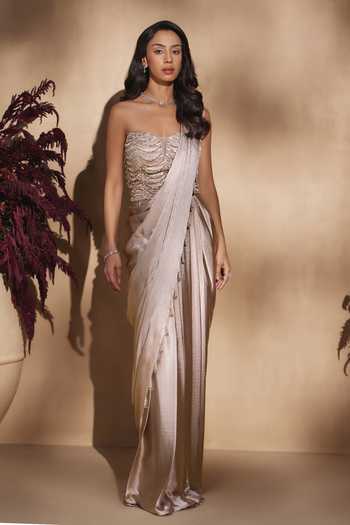 Niamh By Kriti Champagne Cascade Draped Saree With Corset