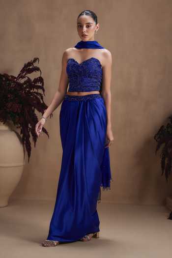Niamh By Kriti Blue Silk, Satin, Shantoon Sweetheart Neck Sapphire Draped Skirt Set Online at Aza Fashions Niamh By Kriti_Blue Silk, Satin, Shantoon Sweetheart Neck Sapphire Draped Skirt Set _Online_at_Aza_Fashions