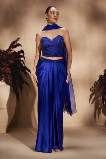 Shop Niamh By Kriti Blue Silk, Satin, Shantoon Sweetheart Neck Sapphire Draped Skirt Set Online at Aza Fashions Shop_Niamh By Kriti_Blue Silk, Satin, Shantoon Sweetheart Neck Sapphire Draped Skirt Set _Online_at_Aza_Fashions