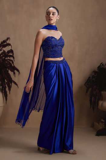 Niamh By Kriti Blue Silk, Satin, Shantoon Sweetheart Neck Sapphire Draped Skirt Set at Aza Fashions Niamh By Kriti_Blue Silk, Satin, Shantoon Sweetheart Neck Sapphire Draped Skirt Set _at_Aza_Fashions