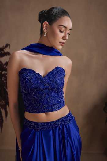 Buy Niamh By Kriti Blue Silk, Satin, Shantoon Sweetheart Neck Sapphire Draped Skirt Set Buy_Niamh By Kriti_Blue Silk, Satin, Shantoon Sweetheart Neck Sapphire Draped Skirt Set