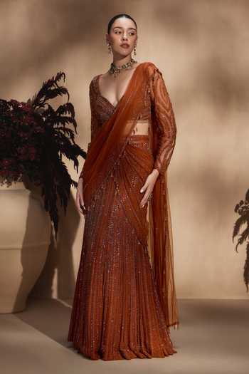 Niamh By Kriti_Orange Organza, Net, Satin V-neck Amber Stardust Lehenga Saree With Blouse _Online_at_Aza_Fashions