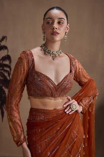 Buy_Niamh By Kriti_Orange Organza, Net, Satin V-neck Amber Stardust Lehenga Saree With Blouse _Online_at_Aza_Fashions