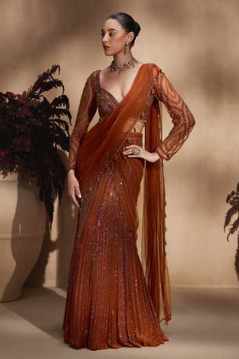 Shop_Niamh By Kriti_Orange Organza, Net, Satin V-neck Amber Stardust Lehenga Saree With Blouse _Online_at_Aza_Fashions
