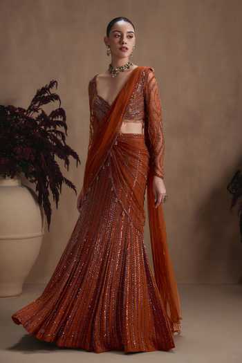 Niamh By Kriti_Orange Organza, Net, Satin V-neck Amber Stardust Lehenga Saree With Blouse _at_Aza_Fashions