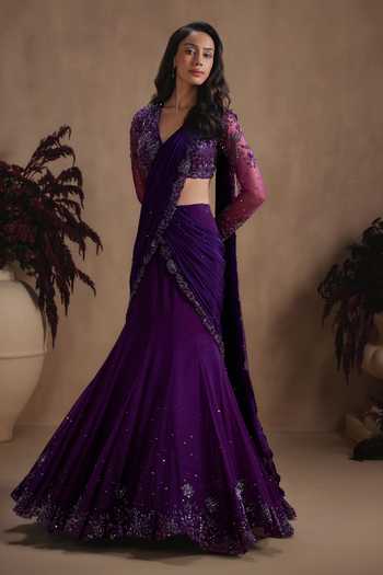 Niamh By Kriti Purple Organza, Satin, Chiffon V-neck Midnight Amethyst Lehenga Saree Set Online at Aza Fashions Niamh By Kriti_Purple Organza, Satin, Chiffon V-neck Midnight Amethyst Lehenga Saree Set _Online_at_Aza_Fashions