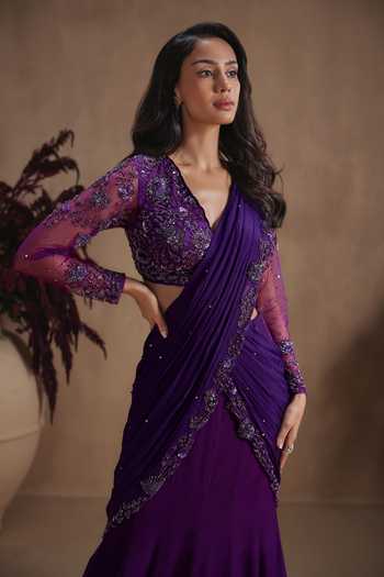 Buy Niamh By Kriti Purple Organza, Satin, Chiffon V-neck Midnight Amethyst Lehenga Saree Set Online at Aza Fashions Buy_Niamh By Kriti_Purple Organza, Satin, Chiffon V-neck Midnight Amethyst Lehenga Saree Set _Online_at_Aza_Fashions