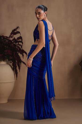 Niamh By Kriti Cobalt Celeste Draped Saree With Embroidered Blouse