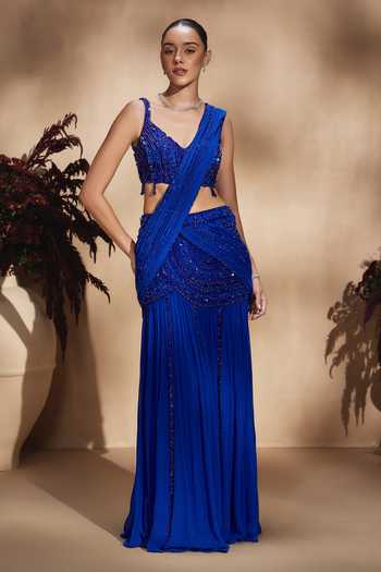 Niamh By Kriti Cobalt Celeste Draped Saree With Embroidered Blouse