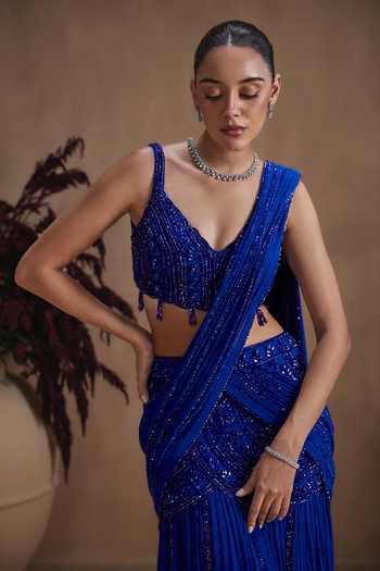 Niamh By Kriti Blue Georgette, Satin V-neck Cobalt Celeste Draped Saree With Embroidered Blouse Online at Aza Fashions Niamh By Kriti_Blue Georgette, Satin V-neck Cobalt Celeste Draped Saree With Embroidered Blouse _Online_at_Aza_Fashions