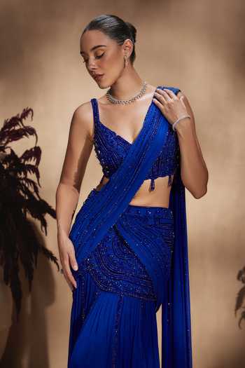 Buy Niamh By Kriti Blue Georgette, Satin V-neck Cobalt Celeste Draped Saree With Embroidered Blouse Online at Aza Fashions Buy_Niamh By Kriti_Blue Georgette, Satin V-neck Cobalt Celeste Draped Saree With Embroidered Blouse _Online_at_Aza_Fashions