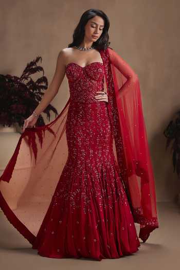 Niamh By Kriti Red Silk, Satin, Net Embroidery, Sequins, Crimson Royale Fishcut Lehenga Set Online at Aza Fashions Niamh By Kriti_Red Silk, Satin, Net Embroidery, Sequins, Crimson Royale Fishcut Lehenga Set _Online_at_Aza_Fashions