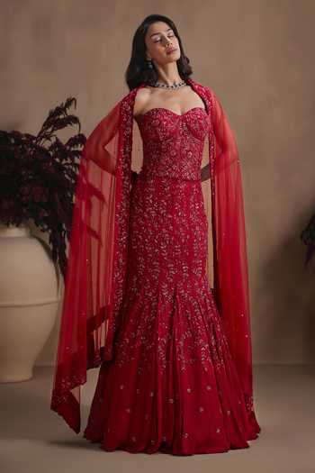 Shop Niamh By Kriti Red Silk, Satin, Net Embroidery, Sequins, Crimson Royale Fishcut Lehenga Set Online at Aza Fashions Shop_Niamh By Kriti_Red Silk, Satin, Net Embroidery, Sequins, Crimson Royale Fishcut Lehenga Set _Online_at_Aza_Fashions