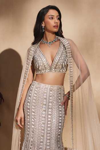 Niamh By Kriti Gold Organza, Satin, Net V-neck Moonlit Hand Embroidered Fishcut Lehenga Set Online at Aza Fashions Niamh By Kriti_Gold Organza, Satin, Net V-neck Moonlit Hand Embroidered Fishcut Lehenga Set _Online_at_Aza_Fashions