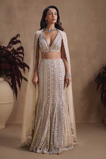 Shop Niamh By Kriti Gold Organza, Satin, Net V-neck Moonlit Hand Embroidered Fishcut Lehenga Set Shop_Niamh By Kriti_Gold Organza, Satin, Net V-neck Moonlit Hand Embroidered Fishcut Lehenga Set
