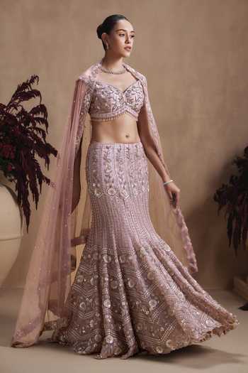 Shop_Niamh By Kriti_Purple Silk Organza Sweetheart Neck Lavender Haze Embroidered Lehenga Set _Online_at_Aza_Fashions