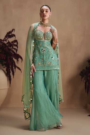 Buy Niamh By Kriti Green Silk, Tissue Sweetheart Neck, Yes Embellished Kurta Sharara Set Online at Aza Fashions Buy_Niamh By Kriti_Green Silk, Tissue Sweetheart Neck, Yes Embellished Kurta Sharara Set _Online_at_Aza_Fashions