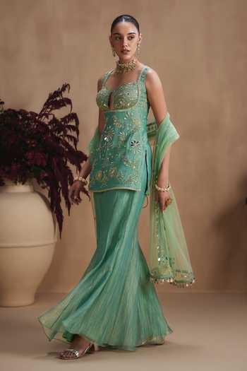 Shop Niamh By Kriti Green Silk, Tissue Sweetheart Neck, Yes Embellished Kurta Sharara Set Online at Aza Fashions Shop_Niamh By Kriti_Green Silk, Tissue Sweetheart Neck, Yes Embellished Kurta Sharara Set _Online_at_Aza_Fashions