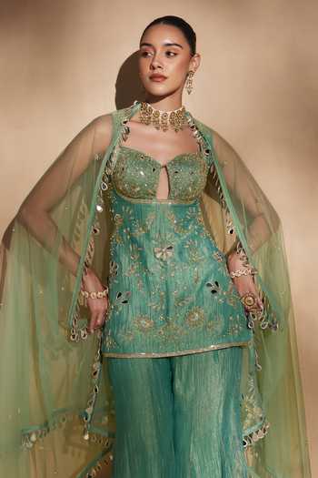 Buy Niamh By Kriti Green Silk, Tissue Sweetheart Neck, Yes Embellished Kurta Sharara Set Buy_Niamh By Kriti_Green Silk, Tissue Sweetheart Neck, Yes Embellished Kurta Sharara Set