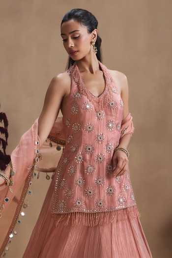 Niamh By Kriti_Pink Silk, Tissue, Satin V-, Halter Mirror Work Kurta Lehenga Set _Online_at_Aza_Fashions