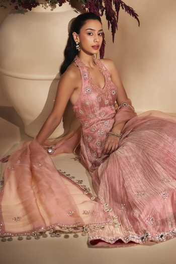 Buy_Niamh By Kriti_Pink Silk, Tissue, Satin V-, Halter Mirror Work Kurta Lehenga Set _Online_at_Aza_Fashions