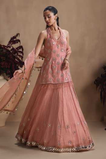 Shop_Niamh By Kriti_Pink Silk, Tissue, Satin V-, Halter Mirror Work Kurta Lehenga Set _Online_at_Aza_Fashions