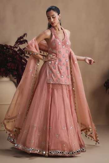 Niamh By Kriti_Pink Silk, Tissue, Satin V-, Halter Mirror Work Kurta Lehenga Set _at_Aza_Fashions
