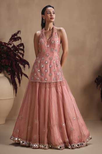 Buy_Niamh By Kriti_Pink Silk, Tissue, Satin V-, Halter Mirror Work Kurta Lehenga Set 