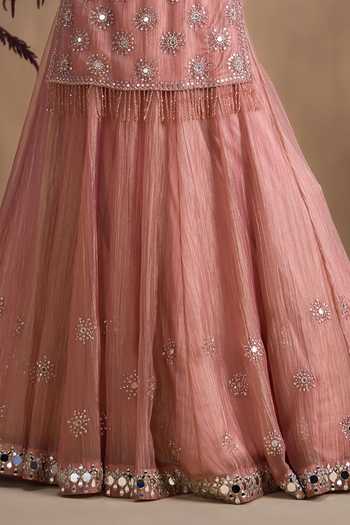 Shop_Niamh By Kriti_Pink Silk, Tissue, Satin V-, Halter Mirror Work Kurta Lehenga Set 