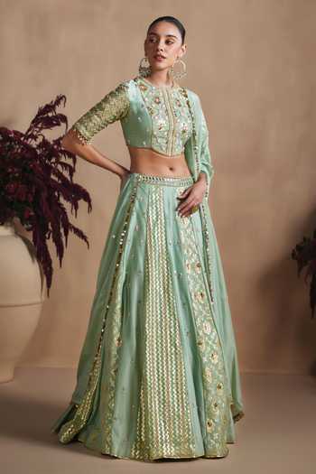 Niamh By Kriti Green Silk, Chanderi High Neck Sage Embroidered Lehenga Set Online at Aza Fashions Niamh By Kriti_Green Silk, Chanderi High Neck Sage Embroidered Lehenga Set _Online_at_Aza_Fashions